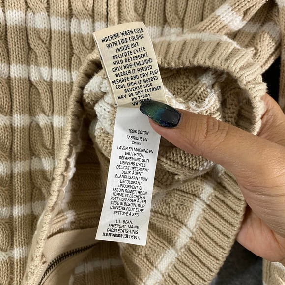 LL Bean Womens Jacket Medium Petite Beige Stripe Cable Knit Full Zip Long Sleeve - Picture 8 of 8